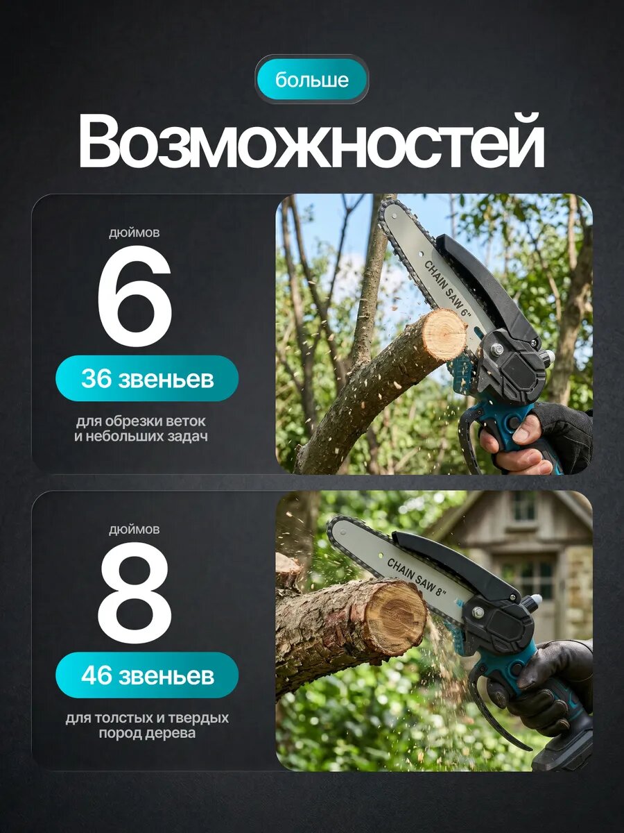 Пила аккумуляторная цепная, мини-сучкорез, для сада и дачи, 2 АКБ — фото 1