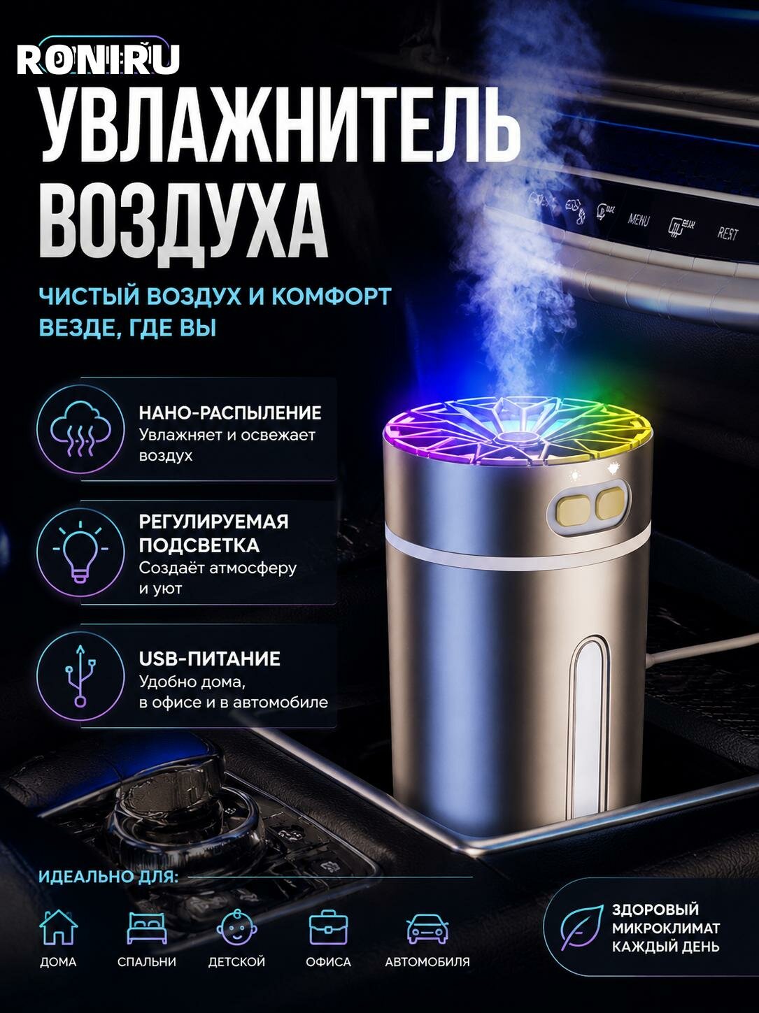 Умный увлажнитель воздуха с USB-подключением и регулируемой подсветкой для дома, спальни, детской, офиса и авто!