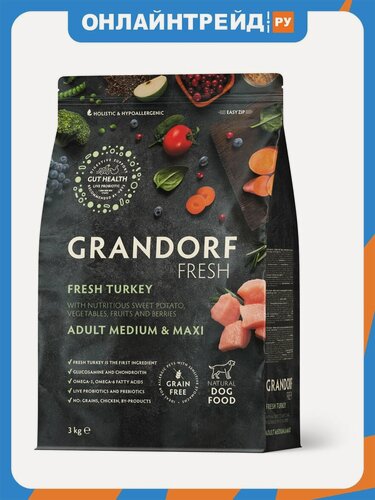 Изображение товара Корм сухой Grandorf Fresh , беззерновой с живыми пробиотиками, свежее мясо индейки с бататом для собак средних и крупных пород, 3 кг