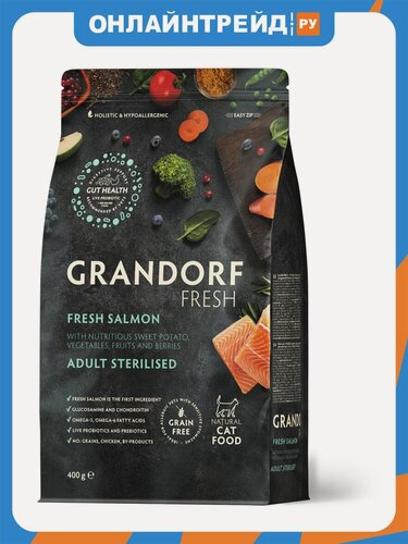 Изображение товара Корм сухой Grandorf Fresh , беззерновой с живыми пробиотиками, свежее филе лосося с бататом для стерилизованных кошек, 400 г