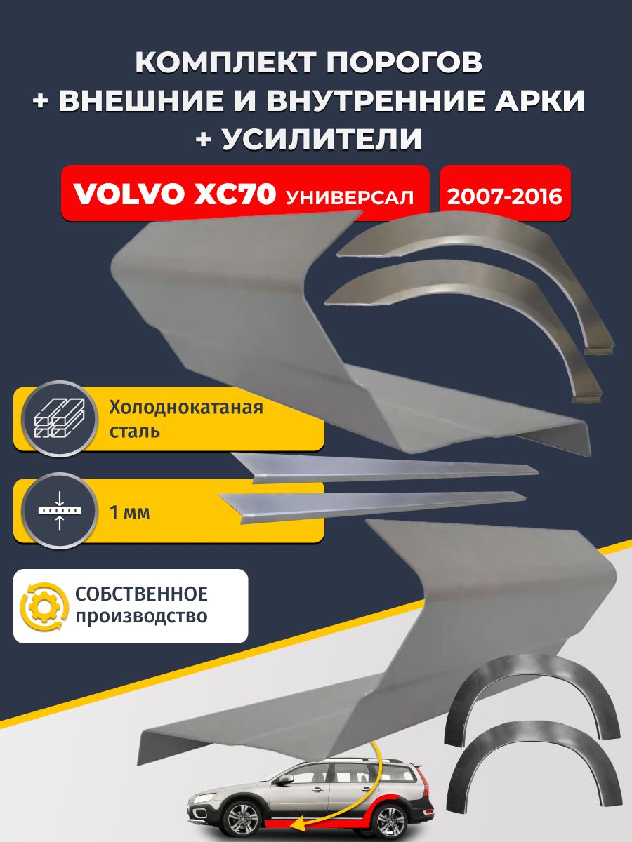 Комплект ремонтных задних внешних и внутренних арок (0,8 мм) + комплект порогов + усилители, на Volvo XC70 2 2007-2016 универсал (Вольво ХС70) Холоднокатаная сталь 1 мм