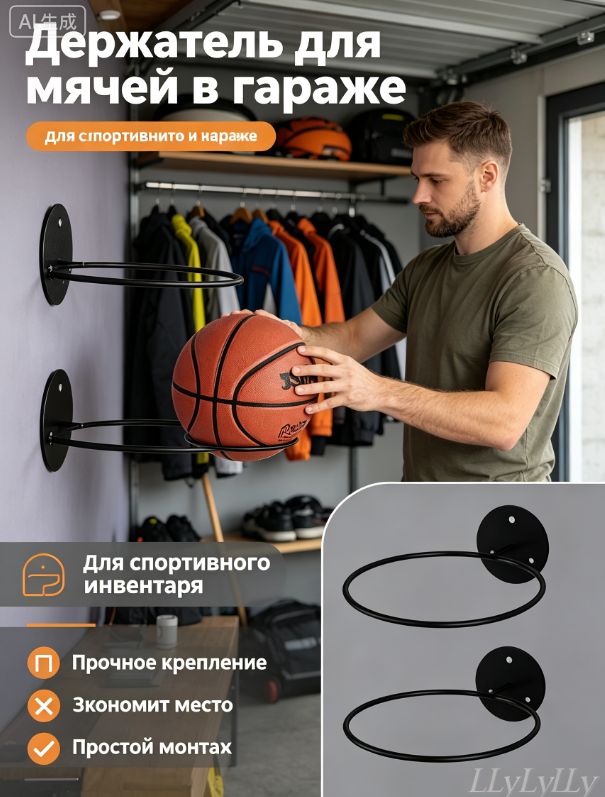 Настенный держатель для баскетбольных мячей, металлический, 2 шт. в комплекте, тёмно-серое круглое основание, два