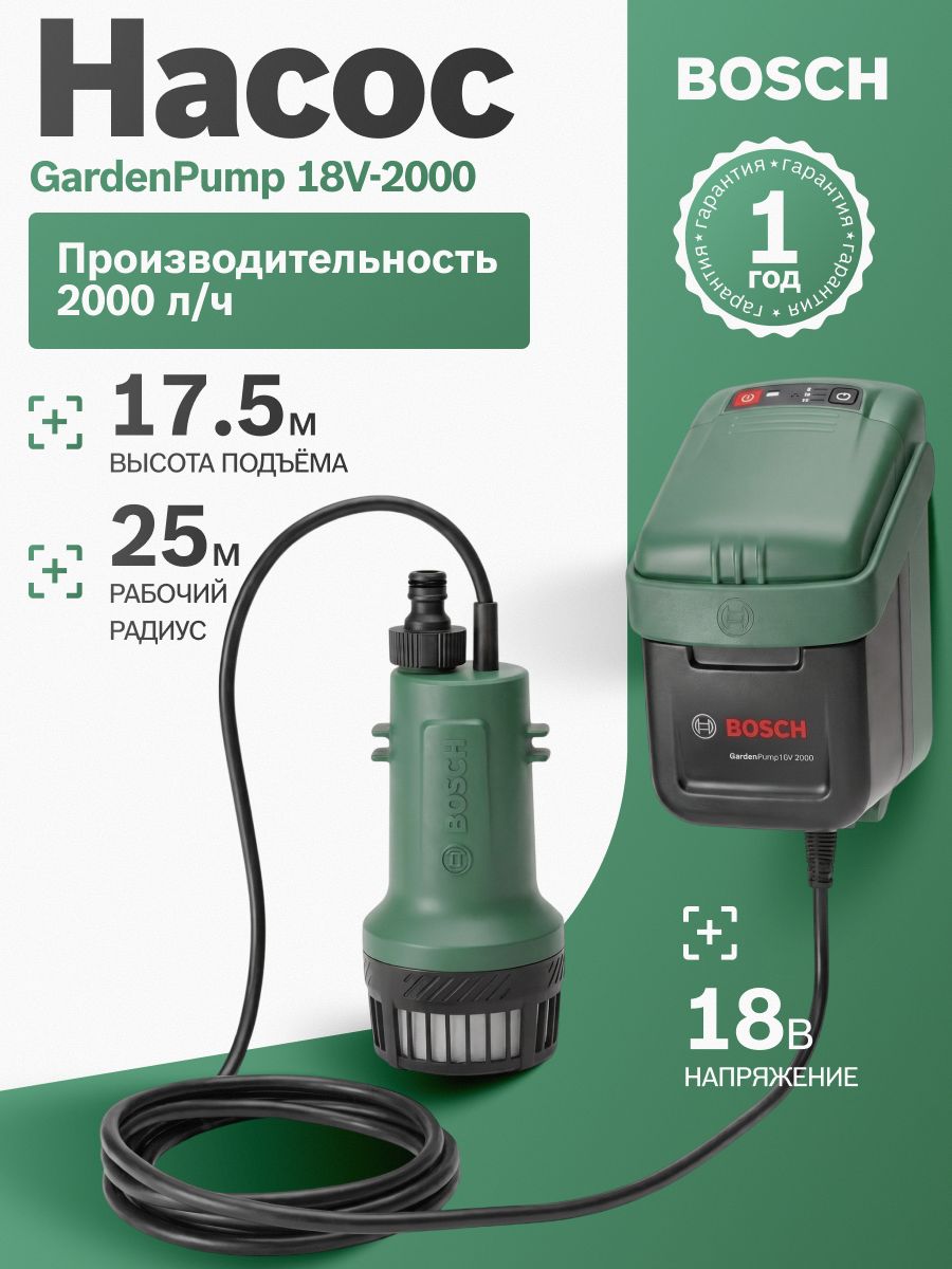 Аккумуляторный насос погружной дренажный BOSCH GardenPump 18V-2000(без АКБ и ЗУ) (33 л/мин, 18 В)