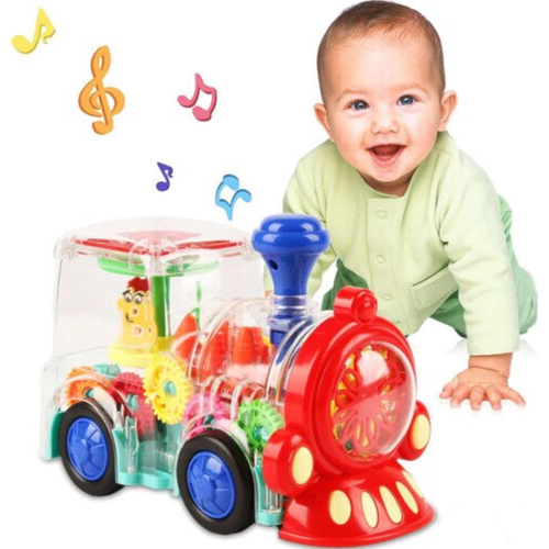 Детский паровозик прозрачный, музыка, интерактивный, синий