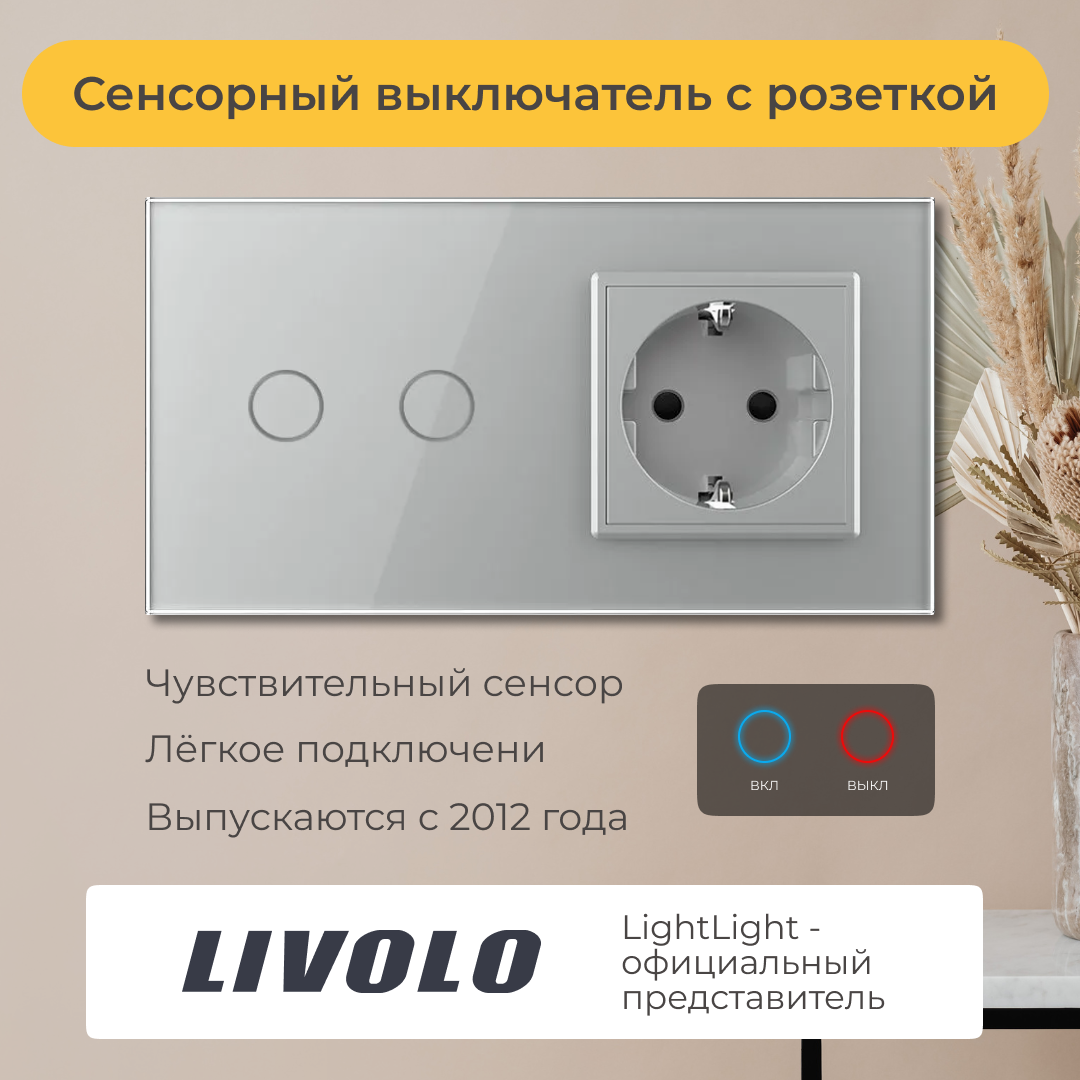 Двухклавишный сенсорный выключатель Livolo с розеткой (VL-C702/C1EU-15)