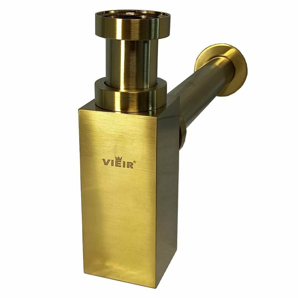фото Сифон дизайнерский для раковины бутылочный/кубический металлический, золото Vieir VRQ47S
