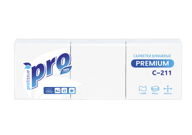 фото Салфетки бумажные PROtissue, 24 х 24 см. 1 слой, 500 листов, белые.