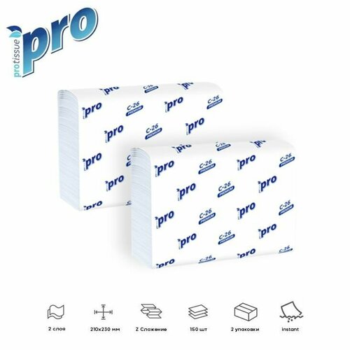 Бумажные полотенца листовые 2 слойные, белые, Z сложения PROtissue Premium, 2 упаковки по 150 листов, размером 21х23 см