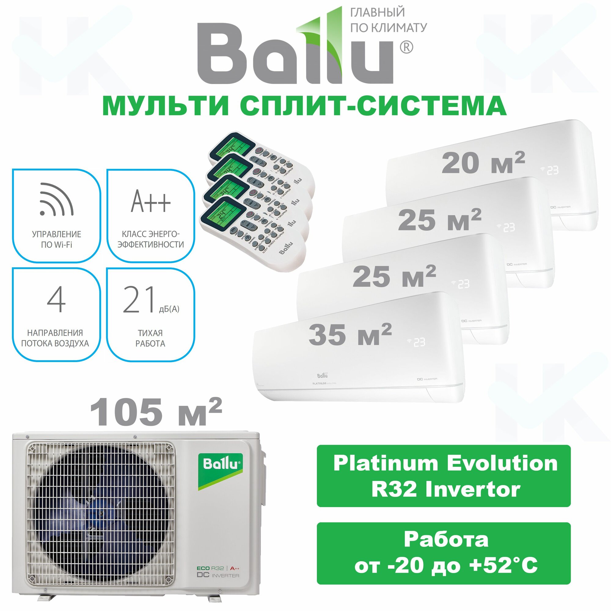 Мульти сплит-система Ballu Platinum Evolution на 4 комнаты (20м2+25м2+25м2+35м2) BSUI/in 07-09-09-12 WT + BA4OI/out-36 (36000 BTU) кондиционер инверторный, комплект, белый