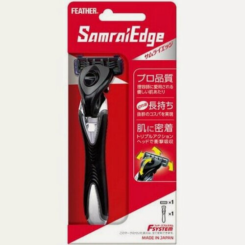 Изображение товара FEATHER Мужской бритвенный станок с тройным независимым амортизирующим лезвием Feather Samrai Edge (защита от порезов) + 1 кассета
