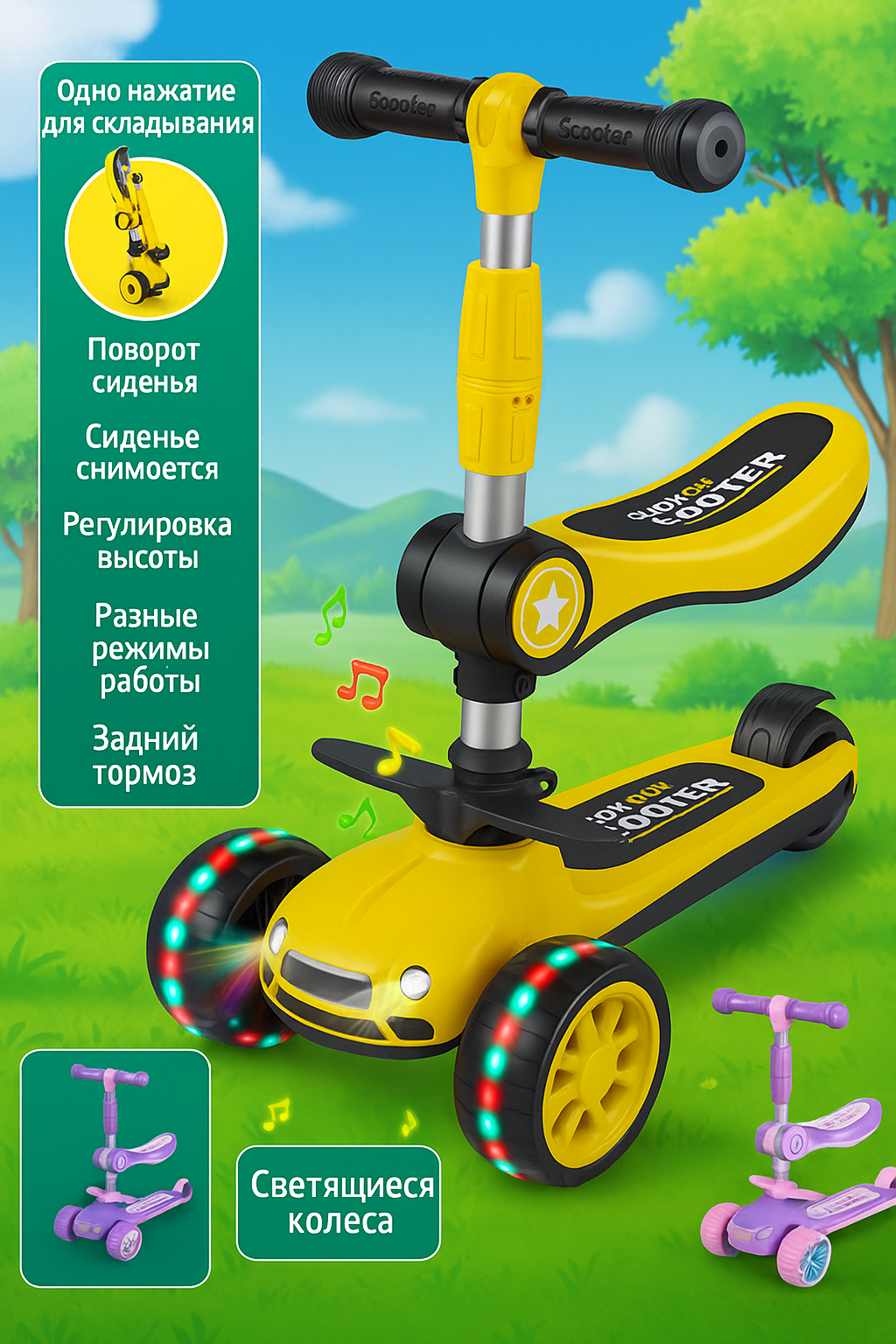 Самокат для детей, с горящими колесами, для мальчиков и девочек самокат трансформер 4 в 1, детский самокат с сиденьем. — фото 1