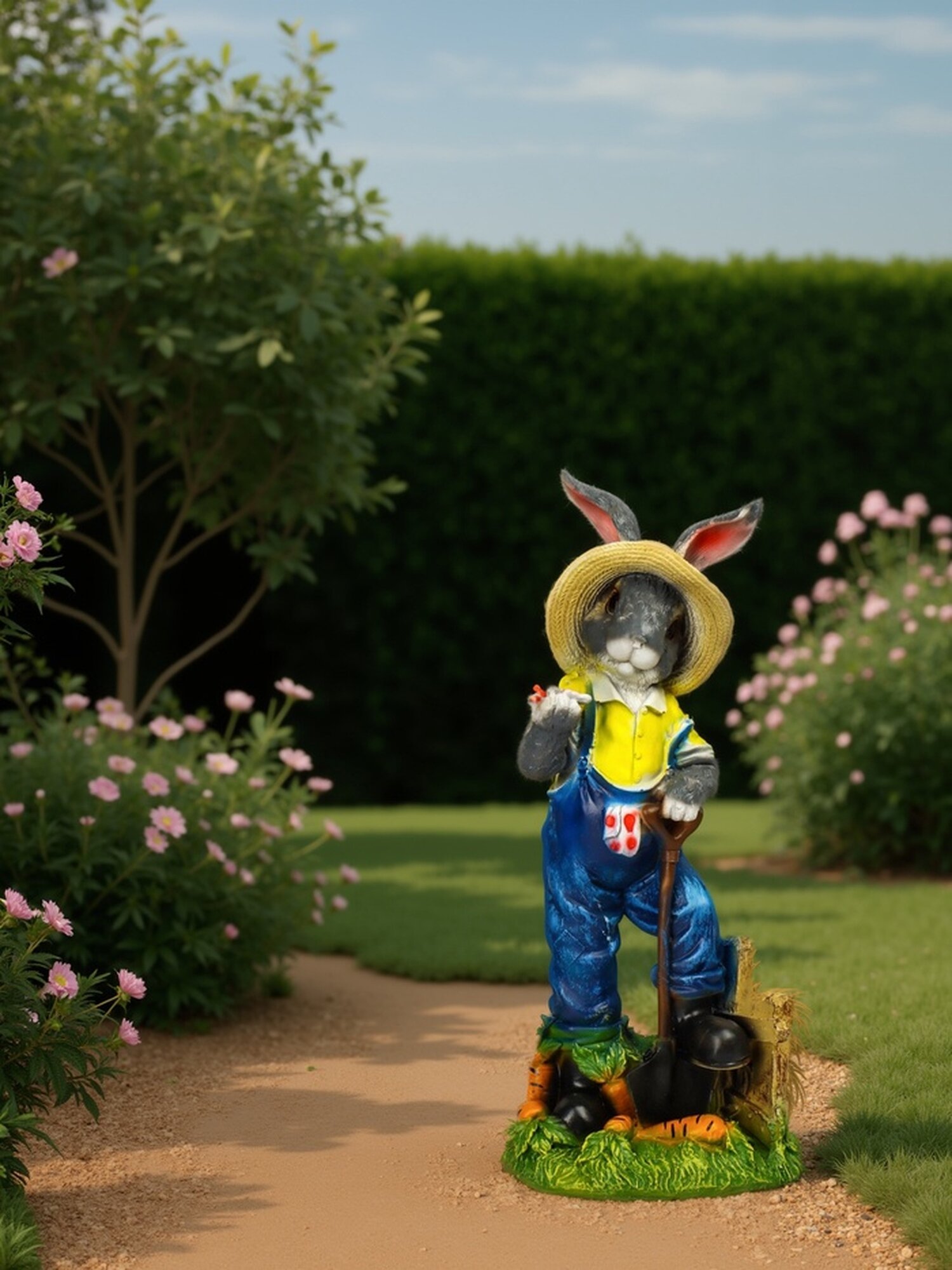 Садовая фигура из полистоуна  Зайчик дачник с бабочкой   49 18 22 см