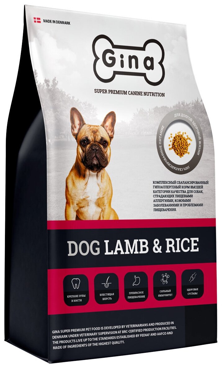 Сухой корм GINA DOG LAMB & RICE для взрослых собак с чувствительным пищеварением с ягненком и рисом, 7,5 кг
