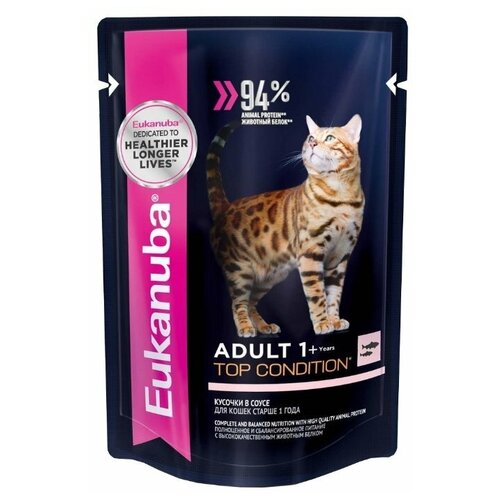 Влажный корм для кошек Eukanuba Top Condition, для здоровья кожи и блеска шерсти, с лососем 85 г (кусочки в соусе)