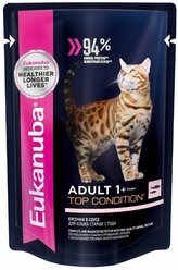 Влажный корм для кошек Eukanuba Top Condition, для здоровья кожи и блеска шерсти, с лососем 16 шт. х 85 г (кусочки в соусе)