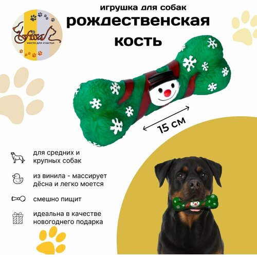 Грызак для собак FISSA "Рождественская кость", с пищиком, мягкая, зеленая, 15 см, винил
