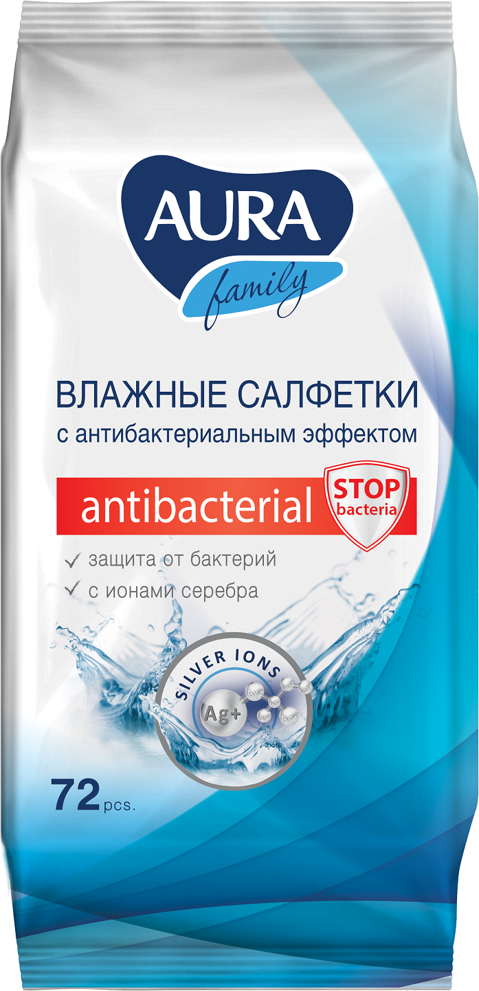 AURA Влажные салфетки с антибактериальным эффектом FAMILY 72 шт.