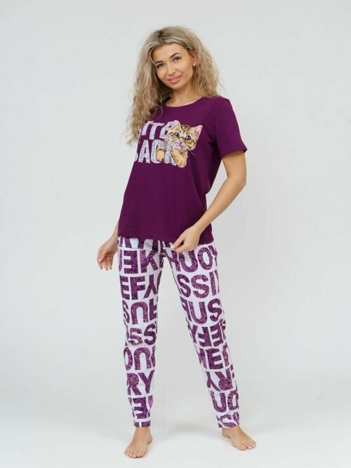 Пижама , футболка, брюки, короткий рукав, карманы, размер 58, фиолетовый