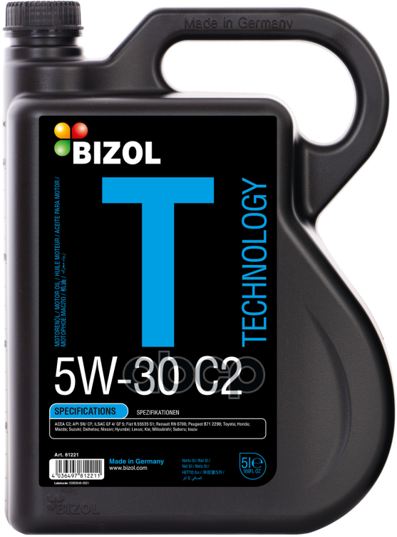 BIZOL Масло Моторное 5W30 Bizol 5Л Нс-Синтетика Technology C2 Api Sn/Cf (Азия)