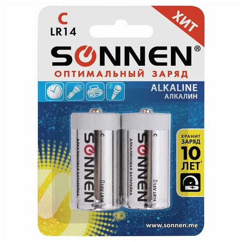 Батарейки комплект 2 шт., SONNEN Alkaline, С (LR14, 14А), алкалиновые, блистер, 451090 (цена за 4 шт)