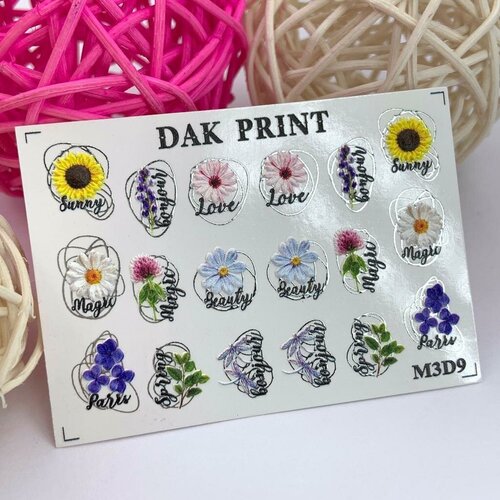 Металлизированные 3D cлайдеры для маникюра (водные наклейки) для дизайна ногтей Полевые цветы и надписи