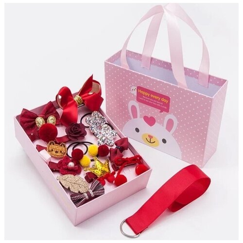Подарочный набор заколок и резинок для девочек/ 18 предметов / Заколки детские / аксессуары для волос / красный