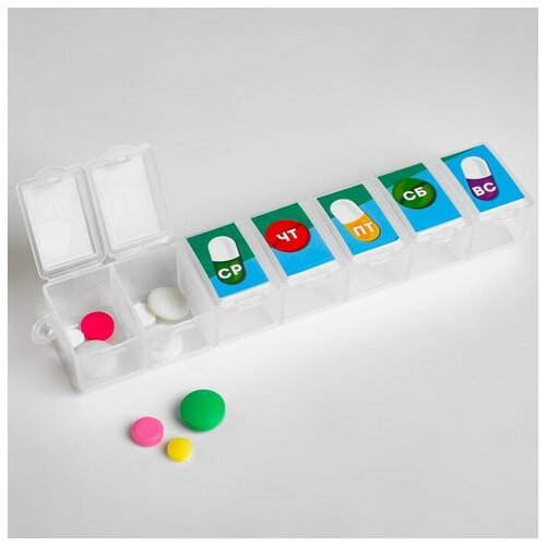 Таблетница "Неделя", витамины, 7 секций, 15,5 х 3,4 см, "Hidde", цвет разноцветный, материал пластик
