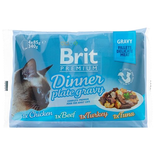 фото Корм для кошек Brit Premium Dinner Plate с курицей, с индейкой, с говядиной, с тунцом 4шт. х 85 г (кусочки в соусе)