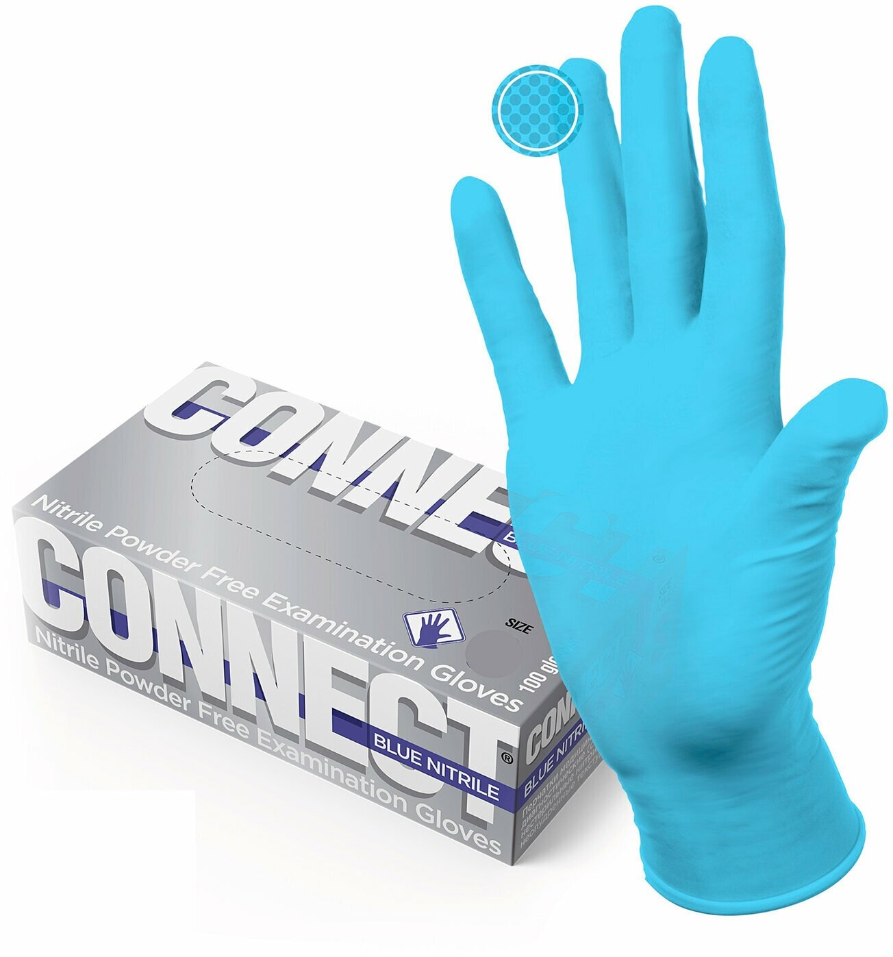Перчатки медицинские одноразовые смотровые нитриловые Connect, голубые, 50 пар (100 штук), размер M (средние) 631130