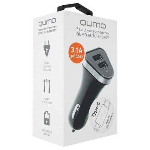 Автомобильное зарядное устройство Qumo 3A, 2 USB, 1A+2A, кабель Type C в комплекте (Модель Charger 0061 + кабель Type C) черный sbs mobile сетевое зарядное устройство type c pd18w usb 2 1a черное кабель type c type c