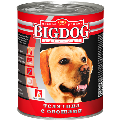 Влажный корм для собак Зоогурман Big Dog, телятина, с овощами 1 уп. х 2 шт. х 850 г (для средних и крупных пород)