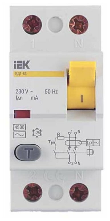 Выключатель дифференциального тока (УЗО) 2п 63А 100мА тип AC ВД1-63 GENERICA IEK MDV15-2-063-100 - фотография № 2
