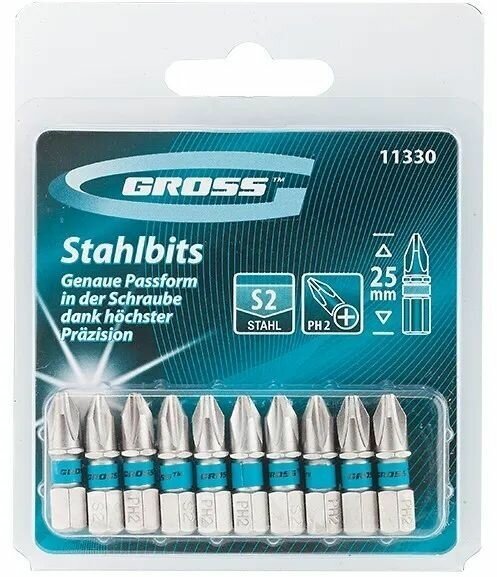 Набор намагниченных бит РН2 х 25, сталь S2, 10 шт. Gross — фото 1