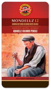 Карандаши цветные акварельные художественные KOH-I-NOOR "Mondeluz", 12 цветов, 3,8 мм, заточенные, металлическая коробка, 3722012001PL