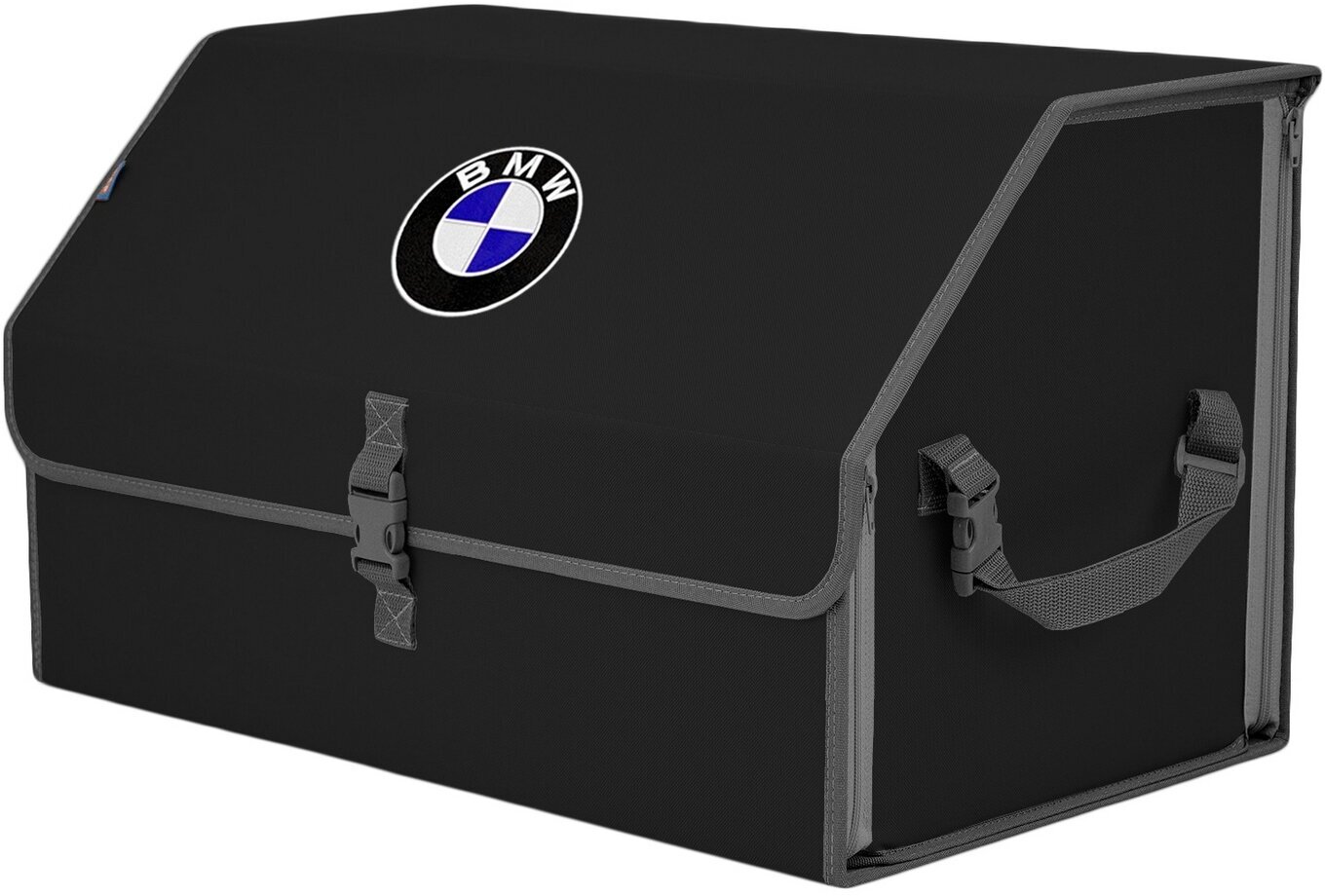 Органайзер-саквояж в багажник "Союз" (размер XL). Цвет: черный с серой окантовкой и вышивкой BMW (БМВ).