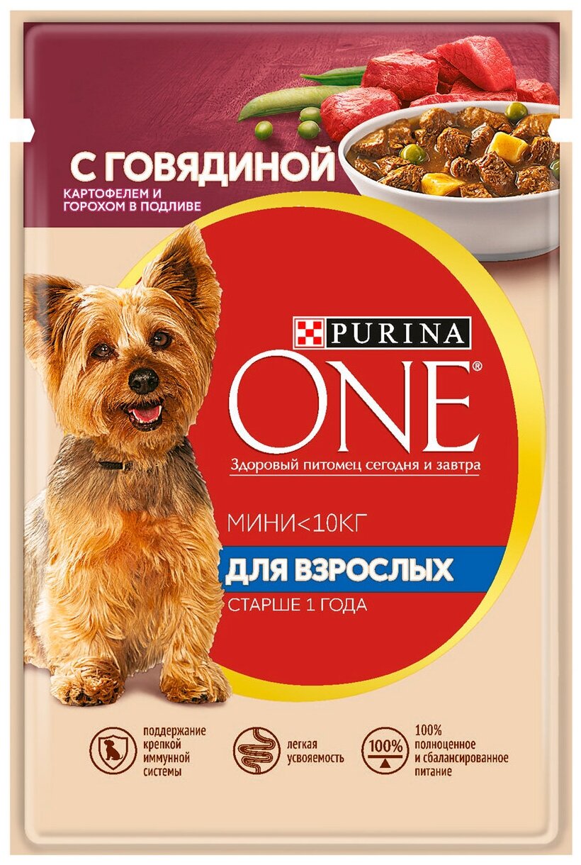 Пауч Purina Pro Plan ONE MINI для собак мелких пород с говядиной, картофелем и горохом в подливе 85г 12416984