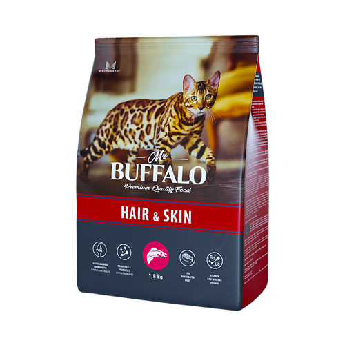 MR.BUFFALO ADULT HAIR & SKIN 1,8 кг сухой корм для кошек лосось 5 шт корм сухой landor для взрослых кошек полнорационный для шерсти и здоровья кожи c индейкой и лососем 2кг