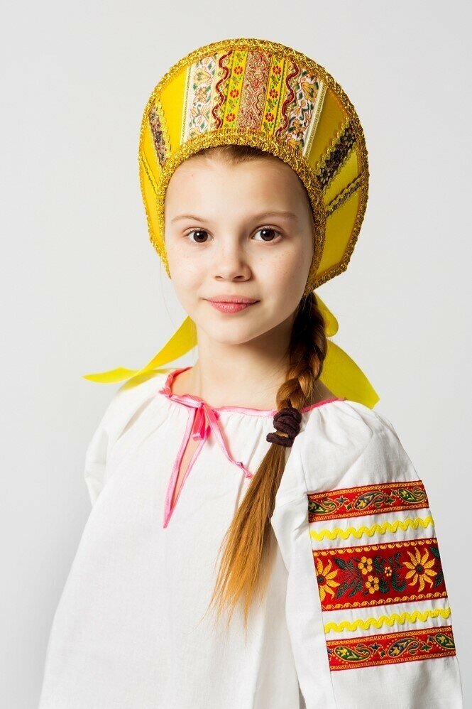 Кокошник русский народный традиционный "Марья", желтый с золотым