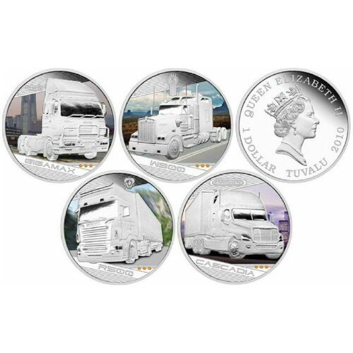 Доллары 2010 г Короли дорог Грузовики набор из 4 монет Тувалу автотюнинг короли дорог раскраска