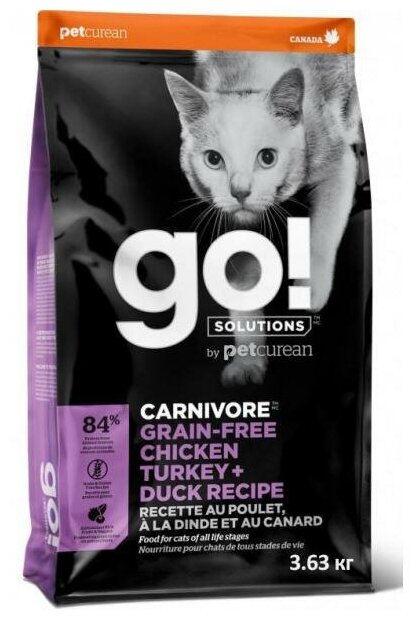 GO! Беззерновой для котят и кошек - 4 вида мяса: курица, индейка, утка и лосось (GO! CARNIVORE GF Chicken, Turkey + Duck Recipe CF) 3.63 кг