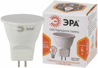 ЭРА Лампочка светодиодная ЭРА STD LED MR11-4W-827-GU4 GU4 4Вт софит теплый белый свет