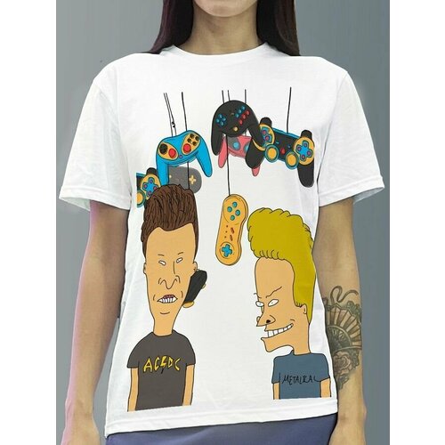 фото Футболка женская белая молочный оттенок из хлопка с dtf принтом игры beavis & butthead - 194 будь на стиле