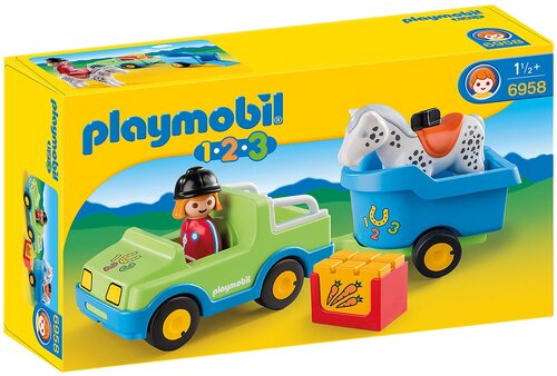 Конструктор Playmobil 1-2-3 6958 Автомобиль и фургон для лошади, 6 дет.