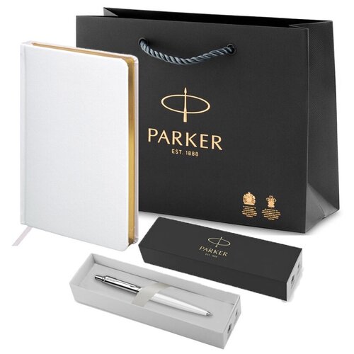 Подарочный набор: шариковая ручка Parker Jotter Originals белая, ежедневник А5 белый и фирменный пакет Паркер подарочный набор шариковая ручка parker jotter originals navy blue ct и блокнот а5 ярко синий