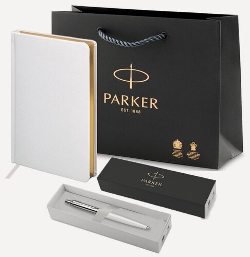 Изображение товара Подарочный набор: шариковая ручка Parker Jotter Originals белая, ежедневник А5 белый и фирменный пакет Паркер