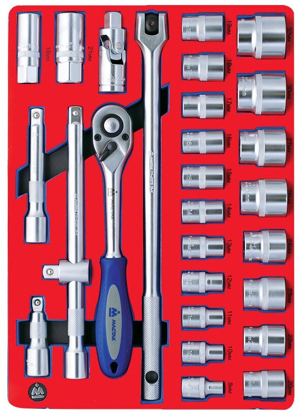 Набор торцевых головок 1/2" с принадлежностями, двенадцатигранные, ложемент, 28 предметов мастак 5-004228