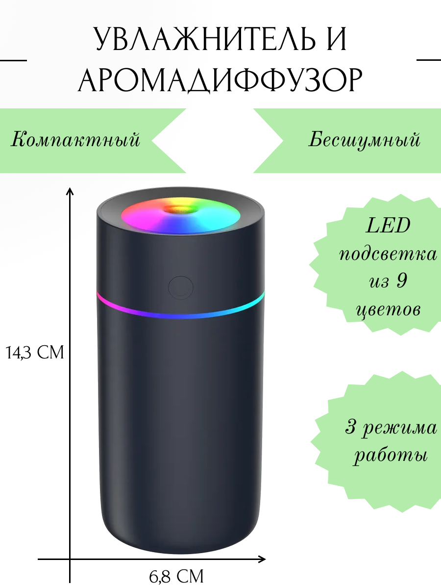 Компактный мини ультразвуковой увлажнитель воздуха и аромадиффузор для дома, квартиры и автомобиля с LED подсветкой для ночника, черный - фотография № 5