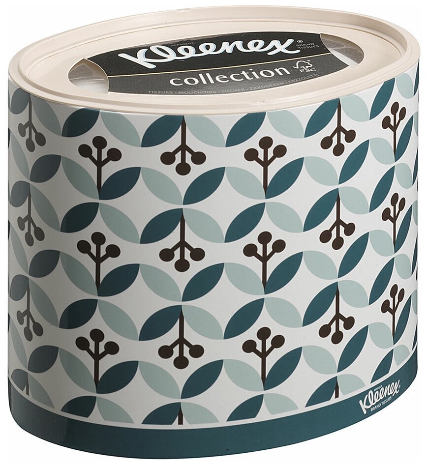 KG75388 Бумажные салфетки для лица Kleenex, круглая коробка, зеленые листочки, 3-сл, 64 шт, Kimberly