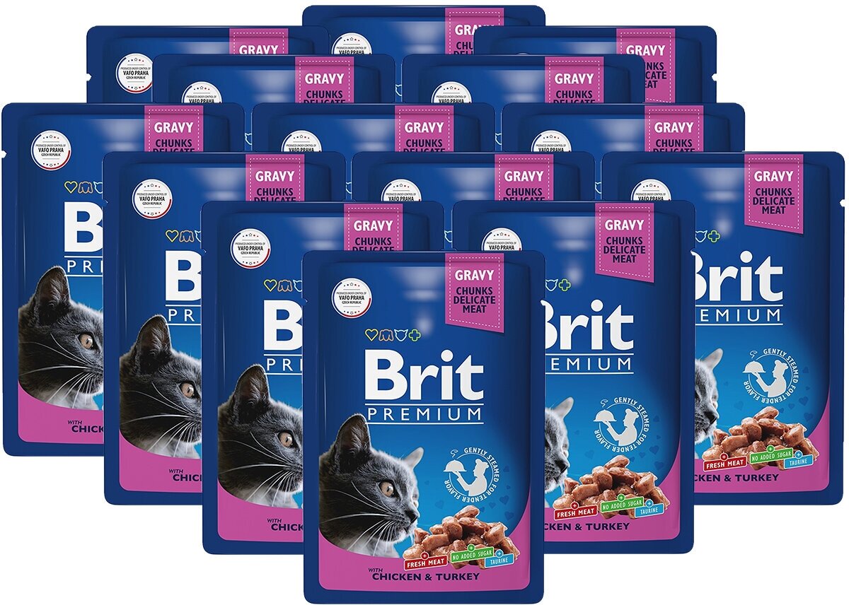 BRIT PREMIUM CAT CHICKEN & TURKEY для взрослых кошек c курицей и индейкой в соусе 5048823 (85 гр х 14 шт)