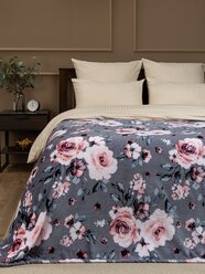 Плед TexRepublic Absolute 180х200 см, 2 спальный, велсофт, покрывало на диван, теплый, мягкий, серый, розовый с принтом розы